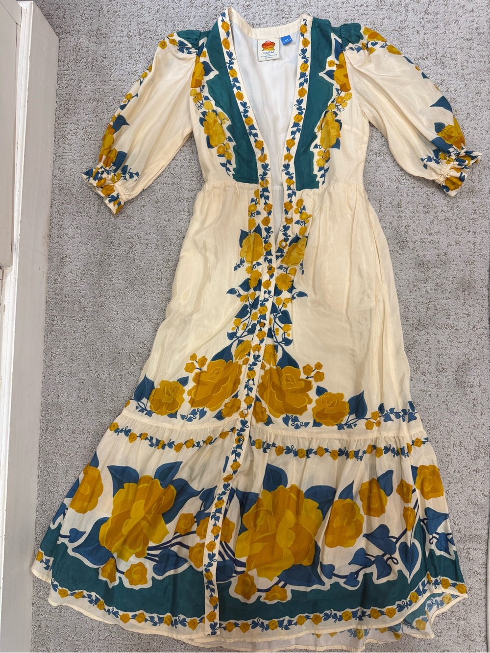Farm Rio Maxi Dress in Cream with Yellow & Teal Accents